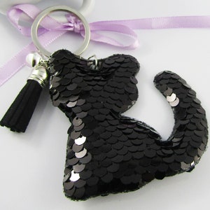 Puffy Sequins Black Kitty Cat Charm Tassel Bag Tag Keychain Keyring 140mm