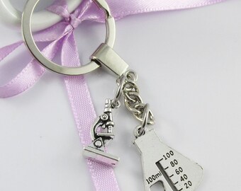 Microscope Beaker Science Charm Keychain Keyring 95mm Teacher or Student Gift!
