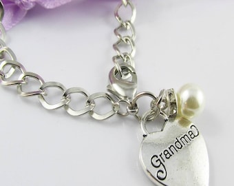 Curb Link Pearl & Grandma Heart Charm Bracelet 20cm