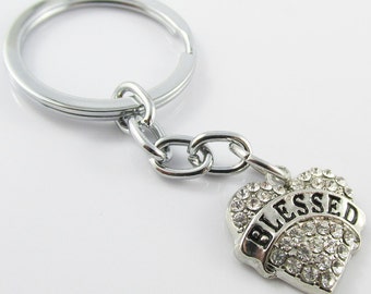 Rhinestone Blessed Heart Charm Keychain Keyring 76mm