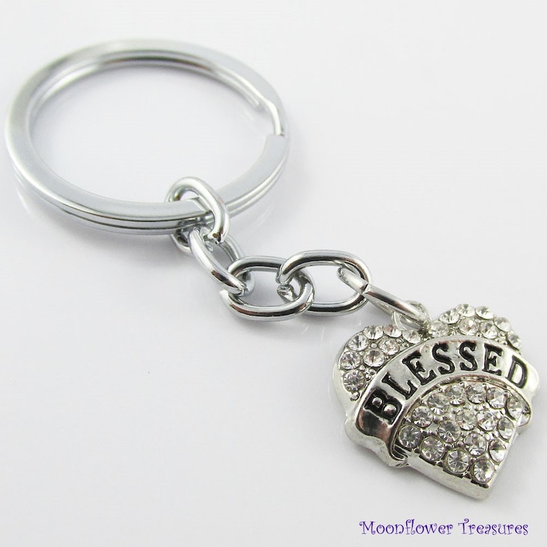 KC060 Rhinestone Blessed Heart Charm Keychain Keyring 76mm