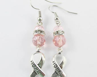 Pink Crystal Hope Awareness Ribbon Charm Hook Earrings 52mm drop