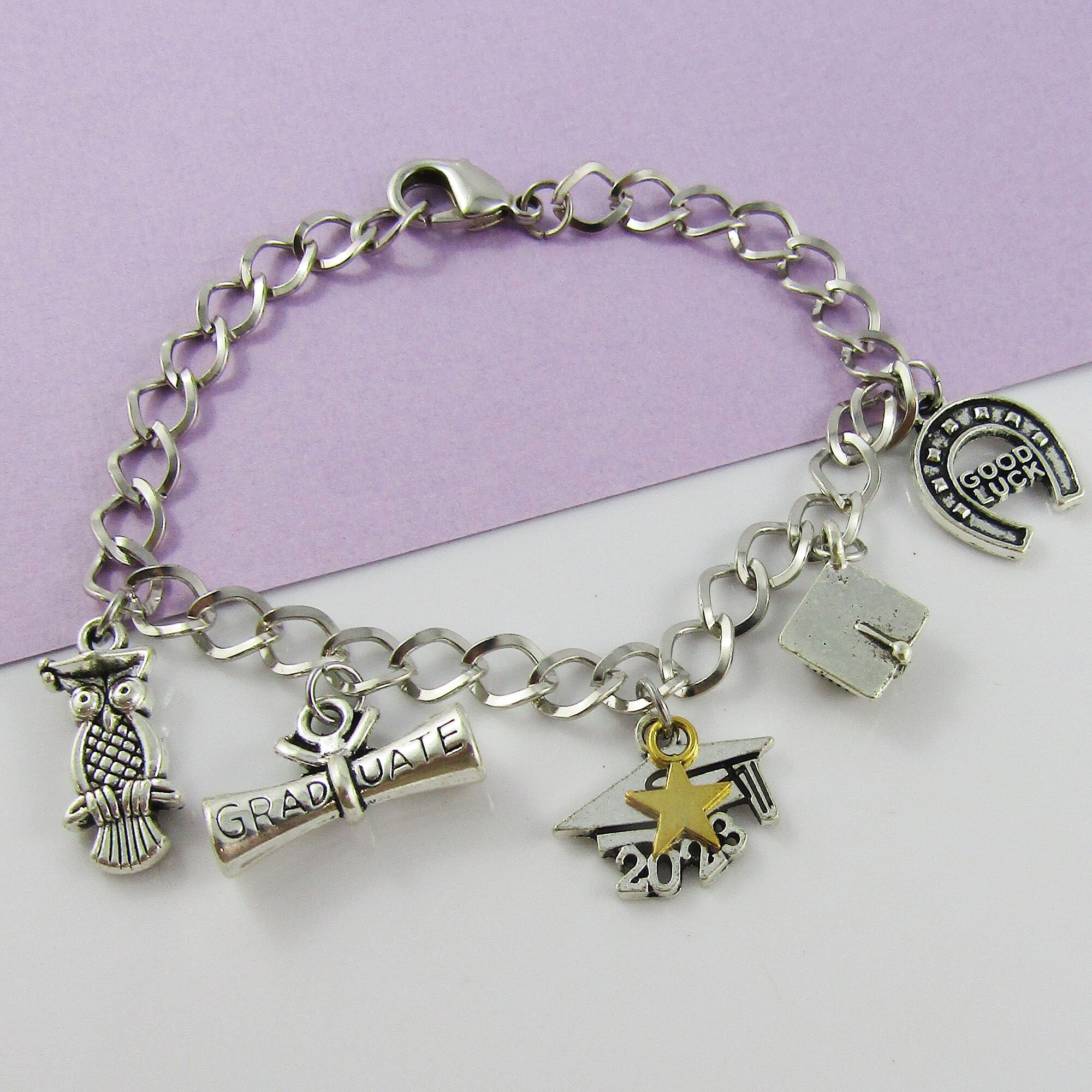 Graduation Charm Bracelet Wise Owl Good Luck Horseshoe Grad Cap Diploma 2023