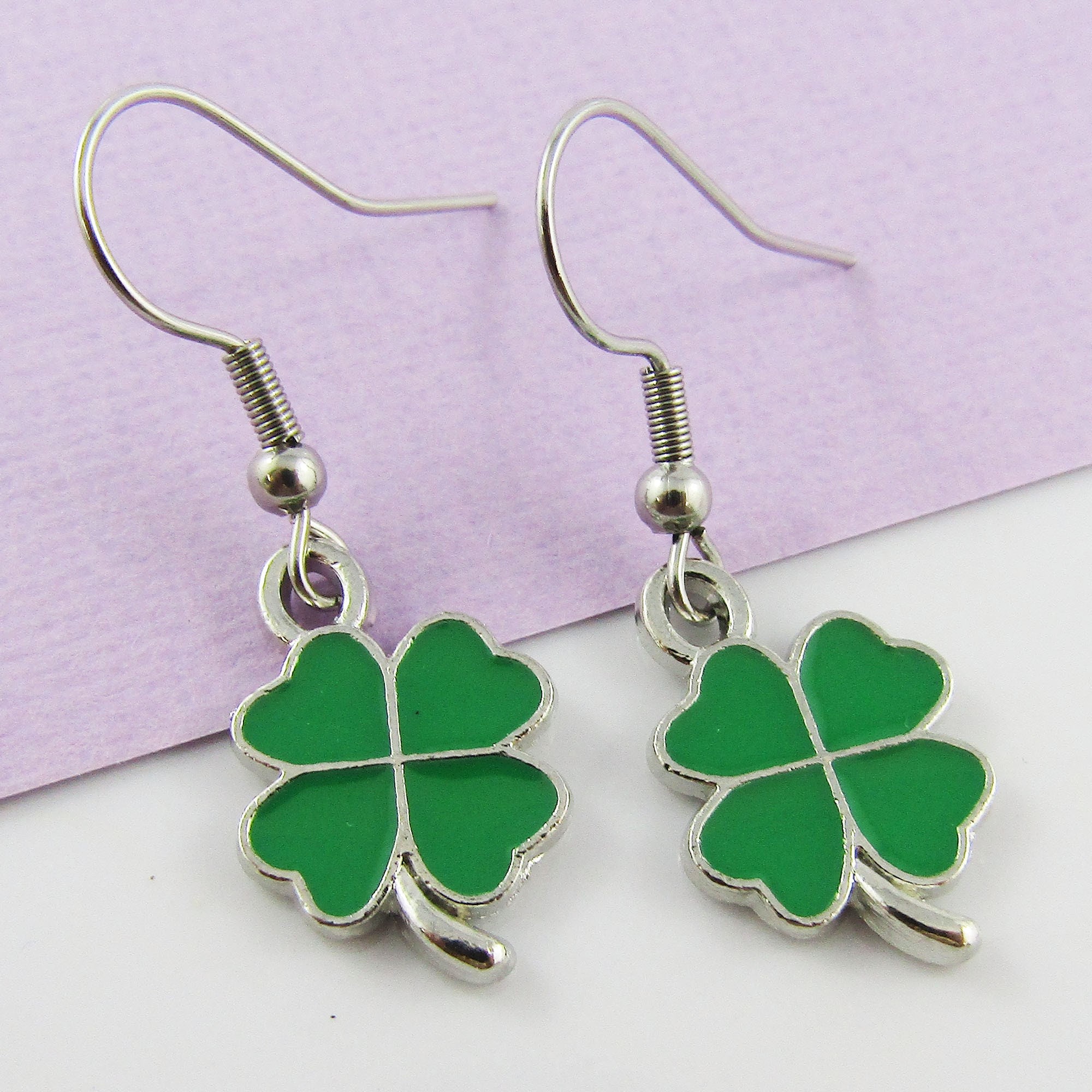 Lucky St Patricks Day Irish Four Leaf Clover Charm Earrings 