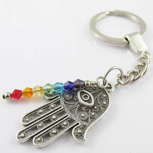 Hamsa Hand Charm Keychain Keyring with Crystal Chakra Dangle