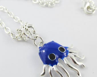 Enamel Octopus Charm Necklace 45cm Silver Plate Chain Select Dark or Light Blue