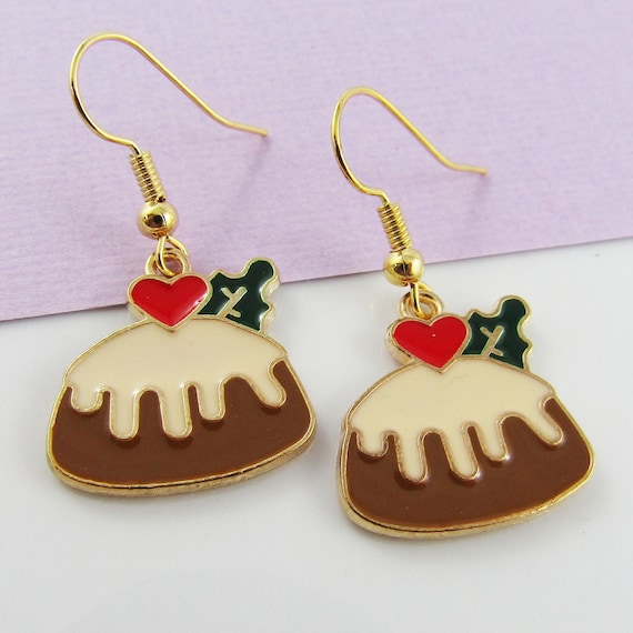 Cute N Kitsch Enamel Christmas Plum Pudding Charm Hook Earrings
