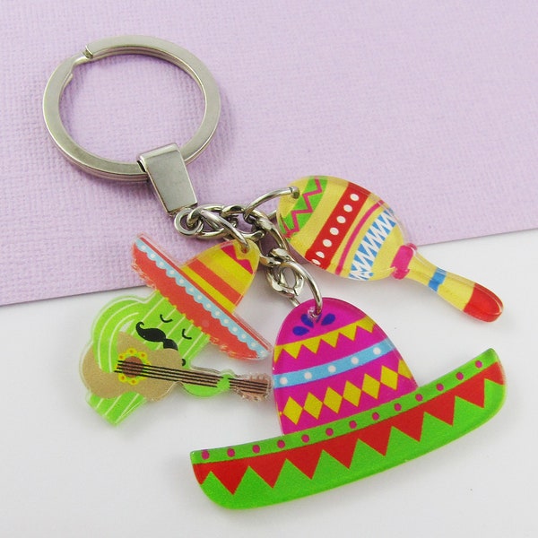 Mexican Fiesta Keychain Guitar Playing Cactus Maraca Sombrero 95mm