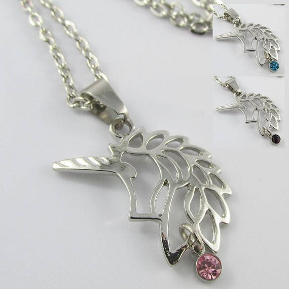 Unicorn Charm Necklace With Rhinestone 45cm Select Blue Pink or
