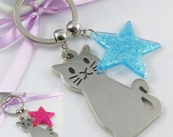 Cat Lovers Star Kitty Charm Keychain Bag Tag 95mm Pick Blue or Pink Glitter Star