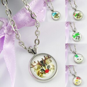 Glass Cabochon Christmas Pet Cat Charm Necklace Silver Tone 45cm Select Design
