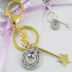 Make a Wish Fairy Godmother Wand Charm Keychain Keyring 110mm Gold or Silver
