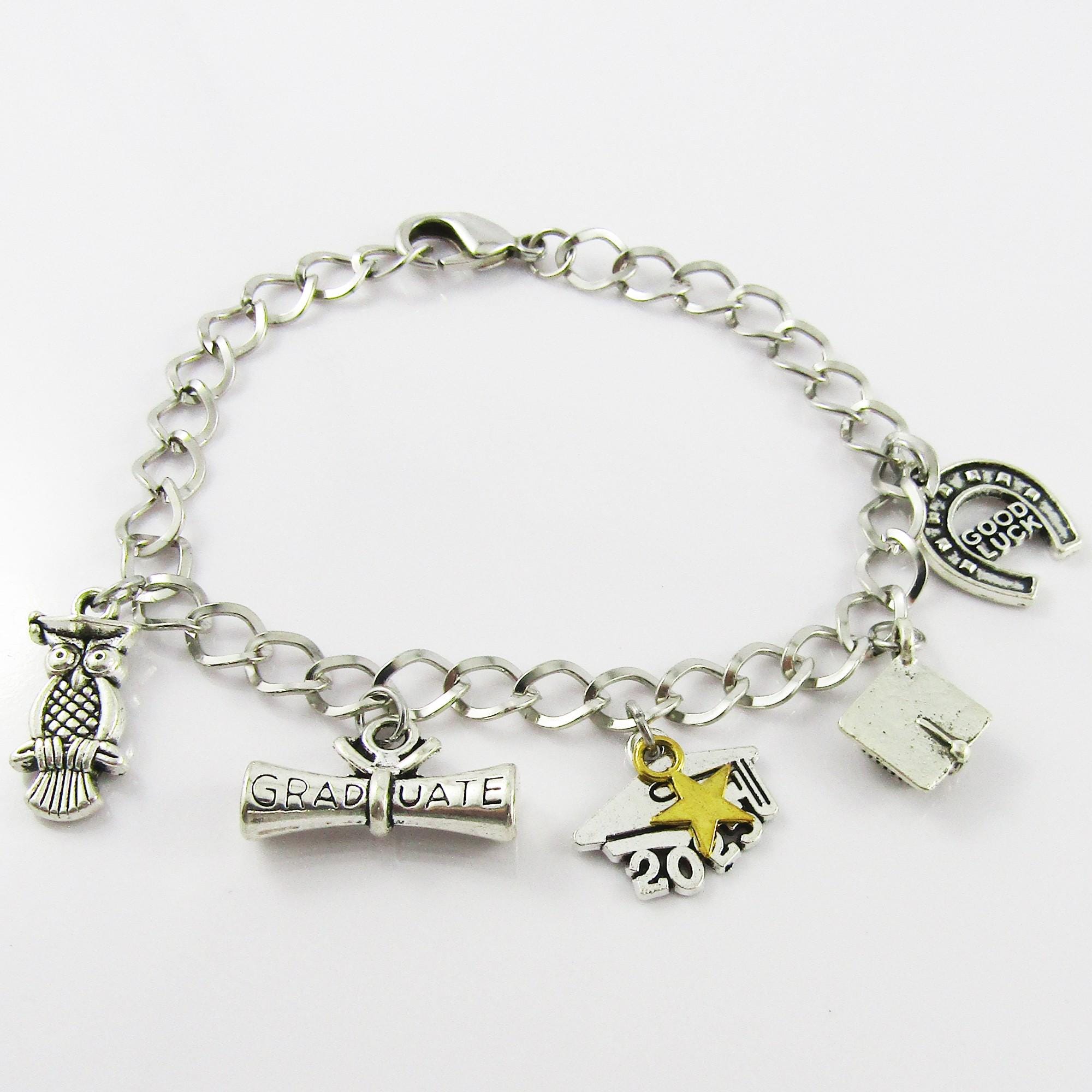 Graduation Charm Bracelet Wise Owl Good Luck Horseshoe Grad Cap Diploma 2025