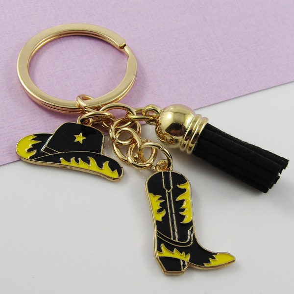 Enamel Cowgirl Hat & Boot Tassel Charm Keychain 89mm