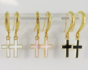 Enamel Mini Cross Charm Earrings 40mm Electroplate Brass Hooks Select Colour
