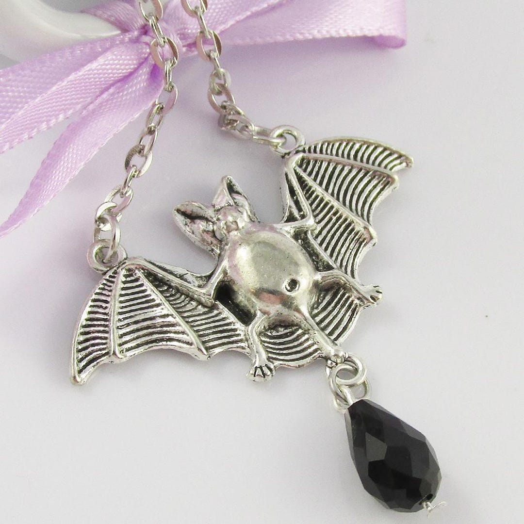 Gothic Vampire Bat Charm Necklace With Black Crystal Drop 49cm Silver ...