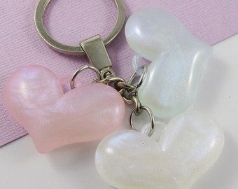 Pearly Love Hearts Charm Keychain 90mm Pink Blue White