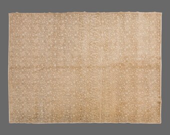 Vintage Turkish Rug 7x11: Handwoven Wool Area Rug, Beige Cream Boho Carpet