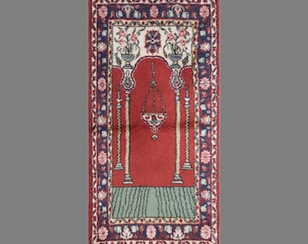 Vintage Turkish Prayer Rug, 2.5 x 4.8 ft, 76 x 145 cm, Handwoven Wool Mihrab Rug