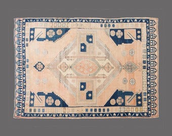 Vintage Turkish Rug: 6x8 Anatolian Medallion, Peach & Indigo Wool