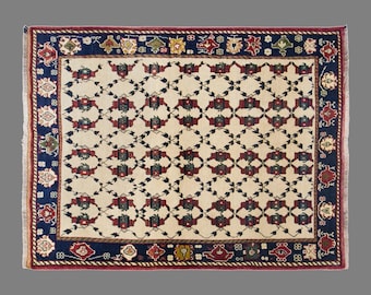 Vintage Konya Karapinar Rug, 4.4 x 5.1 ft Handmade Wool Rug, Turkish Anatolian Geometric Area Rug