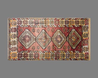 Vintage Konya Tulu Rug, 4.3 x 11 ft Rug, High Pile Turkish Wool Yatak Halisi, Handmade Tribal Rug