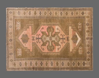 Vintage Handwoven Wool Rug, Pink Brown Geometric Tribal Medallion Area Rug