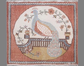 Vintage Turkish Prayer Rug, 2.8 x 2.8 ft, 85 x 86 cm, Handwoven Wool Rug