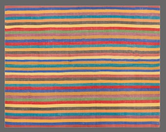 1960s Handmade Minimalist Turkish Kilim Rug – 200x255 cm / 6.6x8.4 ft, Handwoven Cotton Flatweave, Vintage Boho Living Room Decor