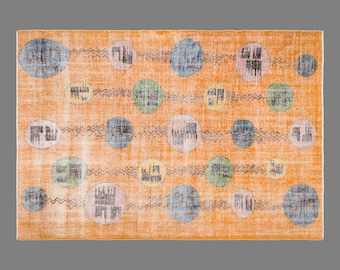 Vintage Turkish Area Rug, 6.9 x 9.8 ft, 210 x 300 cm, Handwoven Wool Rug, Abstract Geometric Orange Carpet