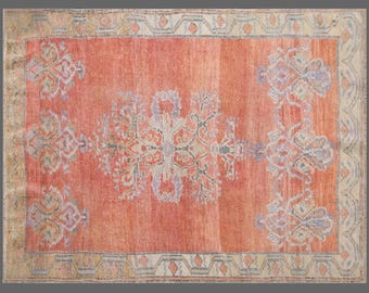 Handmade Vintage Turkish Oushak Rug 105x140 cm | Wool on Wool Area Rug 3.4x4.6 ft | 60+ Years Old Boho Oriental Decorative Carpet