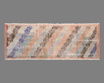 Vintage Turkish Wool Runner Rug, Faded Geometric Anatolian Carpet