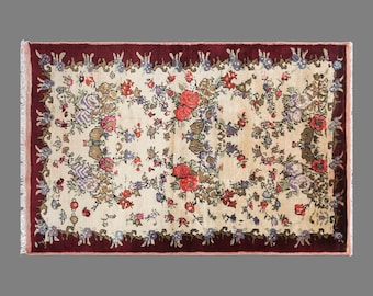 Vintage Konya Karapinar Rug, 4.7 x 6.9 ft Handmade Wool Rug, Turkish Floral Area Rug