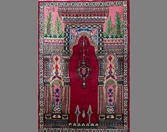 Vintage Turkish Prayer Rug, 3 x 4.3 ft, 90 x 130 cm, Handwoven Wool Mihrab Rug