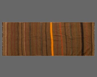 60+ YO Handmade Turkish Kilim Runner – 110x295 cm / 3.6x9.7 ft, Natural Flatweave, Minimalist Neutral Colors, Vintage Boho Long Hallway Rug
