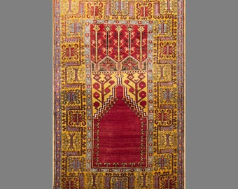 Vintage Konya Prayer Rug, 4.8 x 7.5 ft Handmade Wool Rug, Turkish Anatolian Prayer Rug