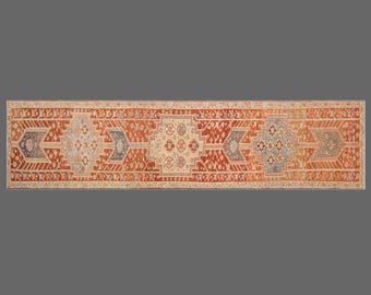 60+ Years Vintage Turkish Runner Rug – Handwoven Wool on Wool, Organic Plant Dyes, Long Hallway or Corridor Rug,  80x335 cm / 2.6x11 ft