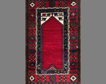 Vintage Konya Prayer Rug, 3.8 x 6.6 ft Handmade Wool Rug, Traditional Turkish Anatolian Rug