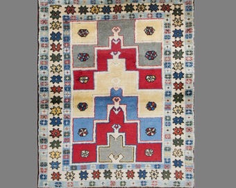 Vintage Turkish Rug, 3.4 x 3.8 ft Handmade Wool Rug, Colorful Anatolian Small Area Rug
