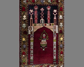 Vintage Turkish Prayer Rug, 2.5 x 4.3 ft, 75 x 130 cm, Handwoven Wool Mihrab Rug
