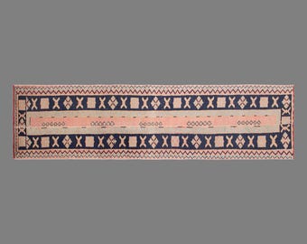 Vintage Handwoven Wool Runner Rug, Pink Navy Geometric Hallway Carpet
