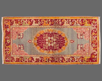 Crimson Garden of Denizli, Vintage Turkish Rug, 4 x 7 ft Rug, Vintage Rug