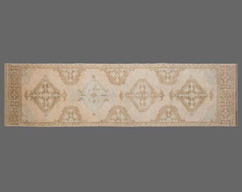 Vintage Turkish Oushak Runner Rug 93 x 360 cm | 60+ Years Old | Distressed Wool Runner