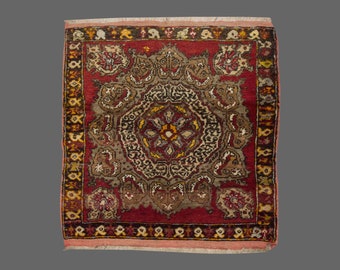 3x3 Red Vintage Boho Area Rug,Turkish Handmade Rug,Bohemian Red Rug,Anatolian Carpet