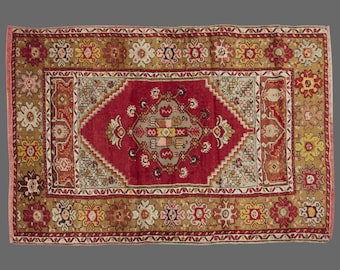 Vintage Turkish Rug: Crimson Floral Medallion, Handwoven Wool 4x5