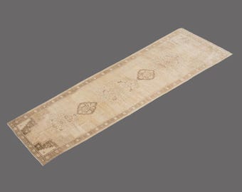 Ivory Drift of Oushak, Vintage Turkish Runner Rug, 4 x 13 ft Rug, Vintage Runner Rug