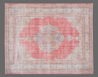 Vintage Oushak Turkish Rug: Crimson Medallion, Wool & Cotton 11x13 ft