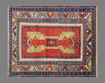 Vintage Caucasian Rug, 4.2 x 4.8 ft Handmade Wool Rug, Geometric Tribal Area Rug