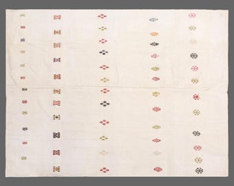 Handwoven Vintage Turkish Kilim Rug 190x254 cm | Large Area Rug 6x8 ft | Neutral Striped Cotton Flatweave, Boho Decorative , Washed & Ready