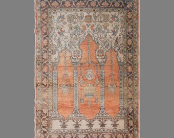 Vintage Turkish Prayer Rug, 3.6x5 feet, 111x151 cm, Handmade Anatolian Wool Rug